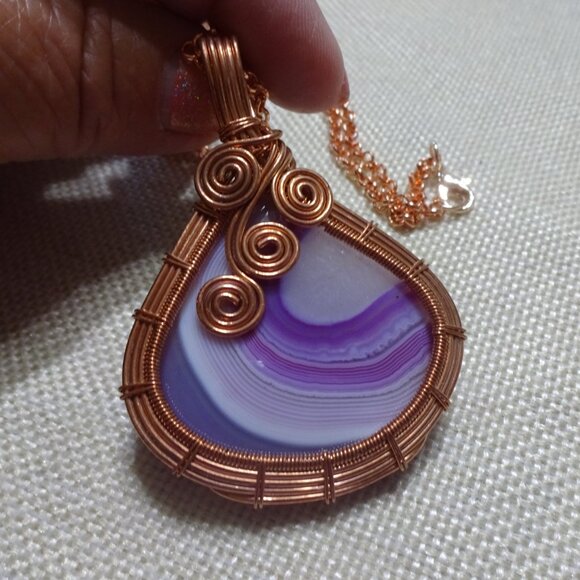 Beautiful PURPLE BOTSWANA AGATE Handmade COPPER WIRE-WRAPPED Pendant/Chain #426C - Picture 2 of 3